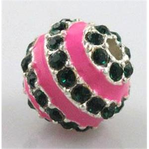 Alloy bead with rhinestone, enamel round, 12mm dia, 2.5mm hole