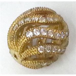 bracelet spacer, copper bead with zircon rhinestone, brass, approx 11x13mm