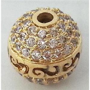 bracelet spacer, copper bead with zircon rhinestone, gold, 12mm dia