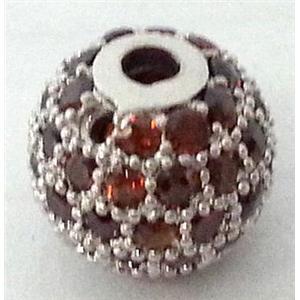 round copper bead with orange zircon rhinestone, platinum, 8mm dia