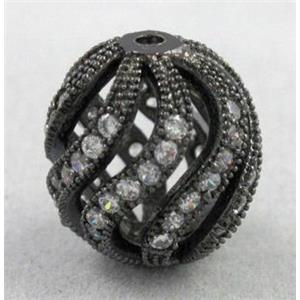 bracelet spacer, copper bead with zircon rhinestone, black, 11x13mm