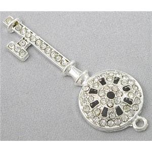 alloy pendant with rhinestone, key, silver, approx 18x51mm