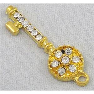 alloy pendant with rhinestone, key, gold, approx 8x27mm