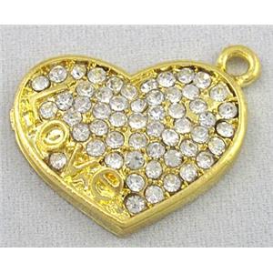 alloy pendant with rhinestone, heart, gold, approx 19x25mmm