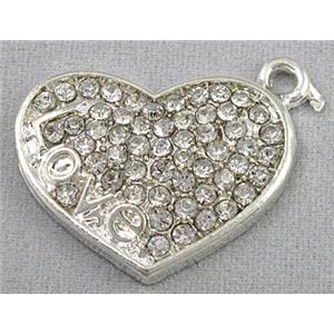 alloy pendant with rhinestone, heart, silver, approx 19x25mmm