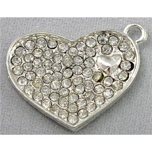 alloy pendant with rhinestone, heart, silver, approx 19x25mmm