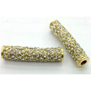 bracelet bar, alloy tube with Rhinestone, gold, approx 10x35mm, 4mm hole