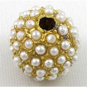 alloy bead, pave plastic pearl, approx 12mm dia, 2.5mm hole