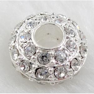 alloy bead with rhinestone, silver plated, 16mm dia, hole:5.5mm