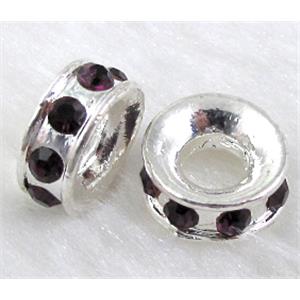 alloy bead with rhinestone, silver plated, 12mm dia, Deep Purple