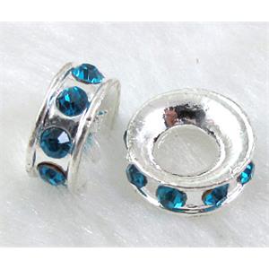 alloy bead with rhinestone, platinum plated, 12mm dia, Blue