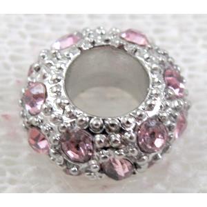 alloy bead with rhinestone, platinum plated, 10-11mm dia, hole:5mm