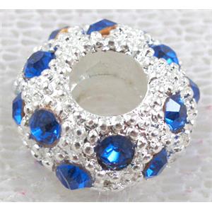 alloy bead with rhinestone, silver plated, 11-12mm dia, hole:5mm