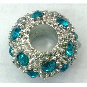 alloy bead with rhinestone, rhinestone, platinum plated, 12-13mm dia, hole:5mm