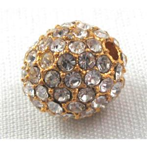 round alloy beads paved rhinestone, golden plated, 12mm dia, 2.6mm hole