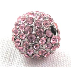 round alloy beads, paved pink rhinestone, platinum plated, 12mm dia, 2.6mm hole