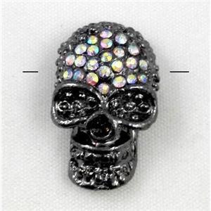 alloy skull beads with AB-color rhinestone, black, approx 15x22mm, 2.5mm hole