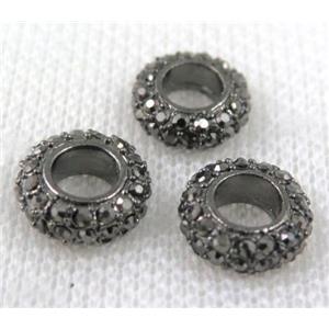alloy spacer bead with rhinestone, rondelle, black plated, approx 10mm dia