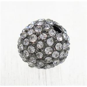 round Alloy beads with white rhinestone, gunmetal, black plated, approx 8mm dia