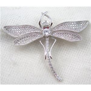 copper dragonfly brooch paved zircon, platinum plated, approx 45-70mm