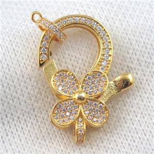 copper Lobster Clasp paved zircon, clover, gold plated, approx 20-30mm