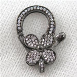 copper Lobster Clasp paved zircon, clover, black plated, approx 20-30mm