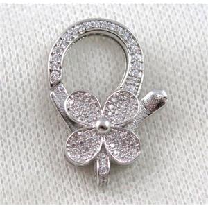 copper Lobster Clasp paved zircon, clover, platinum plated, approx 20-30mm