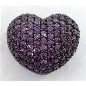paved zircon copper bead, heart, purple, black plated, approx 14mm wide
