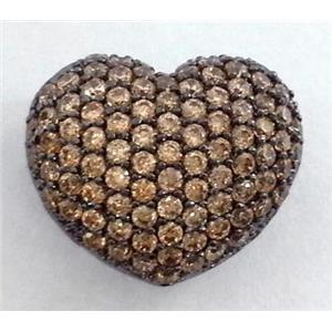 paved gold zircon copper bead, heart, black plated, approx 14mm wide