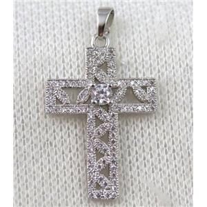 copper cross pendant paved zircon, platinum plated, approx 20x26mm