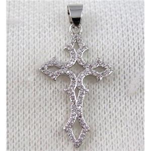 copper cross pendant paved zircon, platinum plated, approx 18x34mm