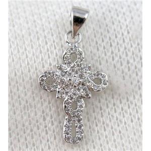 copper cross pendant paved zircon, platinum plated, approx 12x18mm