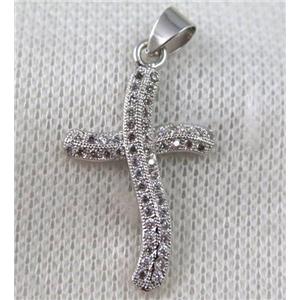 copper cross pendant paved zircon, platinum plated, approx 18x30mm