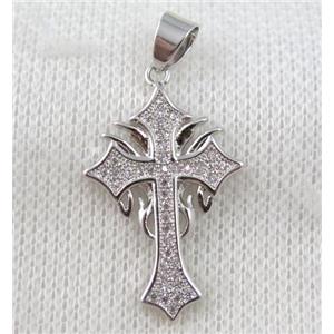 copper cross pendant paved zircon, platinum plated, approx 18x28mm