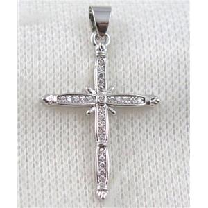 copper cross pendant paved zircon, platinum plated, approx 22x30mm