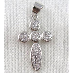 copper cross pendant paved zircon, platinum plated, approx 16x26mm