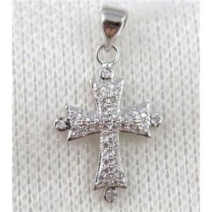 copper cross pendant paved zircon, platinum plated, approx 15x22mm