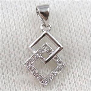 copper pendant paved zircon, double square, platinum plated, approx 12x16mm