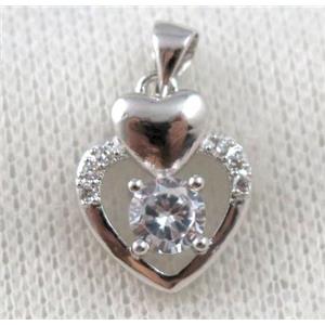 copper heart pendant paved zircon, platinum plated, approx 14x18mm