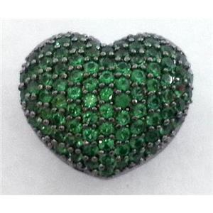 paved zircon copper bead, heart, peacock green, black plated, approx 14mm wide