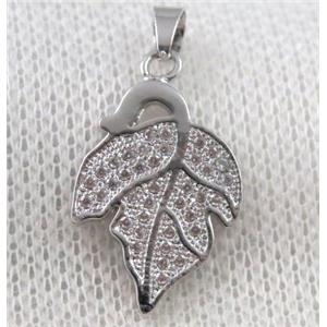 copper leaf pendant paved zircon, platinum plated, approx 14x20mm