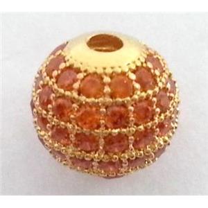 paved zircon copper bead, round, gold plated, approx 12mm dia, 2mm dia