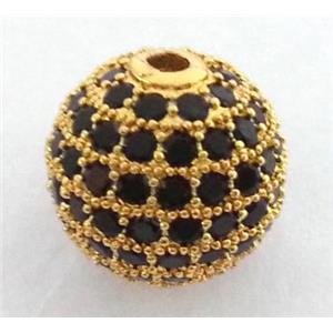 paved zircon copper bead, round, gold plated, approx 8mm dia, 2mm dia