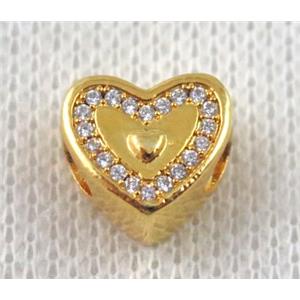 copper heart beads paved zircon, gold plated, approx 12mm dia, 4mm hole