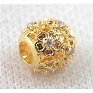 round copper beads paved zircon, hollow, gold plated, approx 10mm dia, 4mm hole