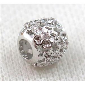 round copper bead paved zircon, hollow, platinum plated, approx 10mm dia, 4mm hole