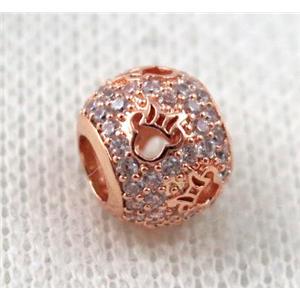 round copper bead paved zircon, hollow, rose gold, approx 8x10mm, 5mm hole