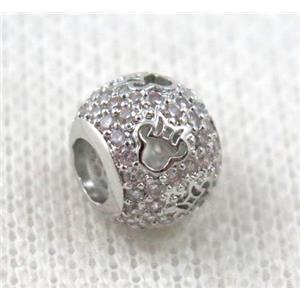 round copper bead paved zircon, hollow, platinum plated, approx 8x10mm, 5mm hole