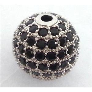 paved zircon copper bead, round, platinum plated, approx 10mm dia, 2mm dia