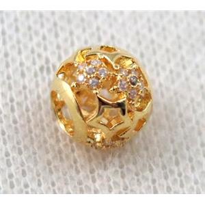 round copper bead paved zircon, hollow, gold plated, approx 8x10mm, 5mm hole